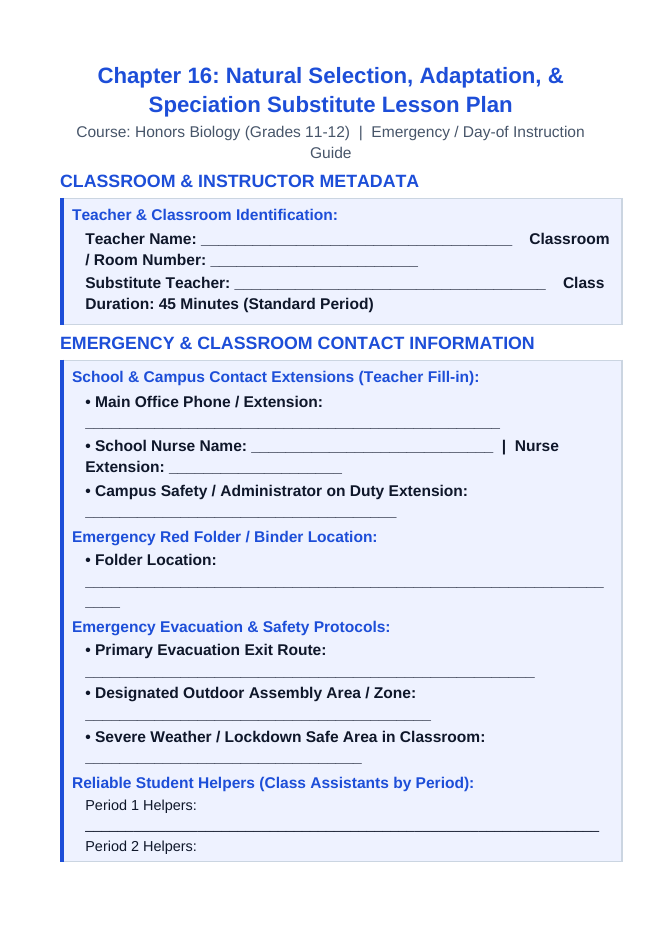 Natural Selection, Adaptation, & Speciation Substitute Lesson Plan sample page