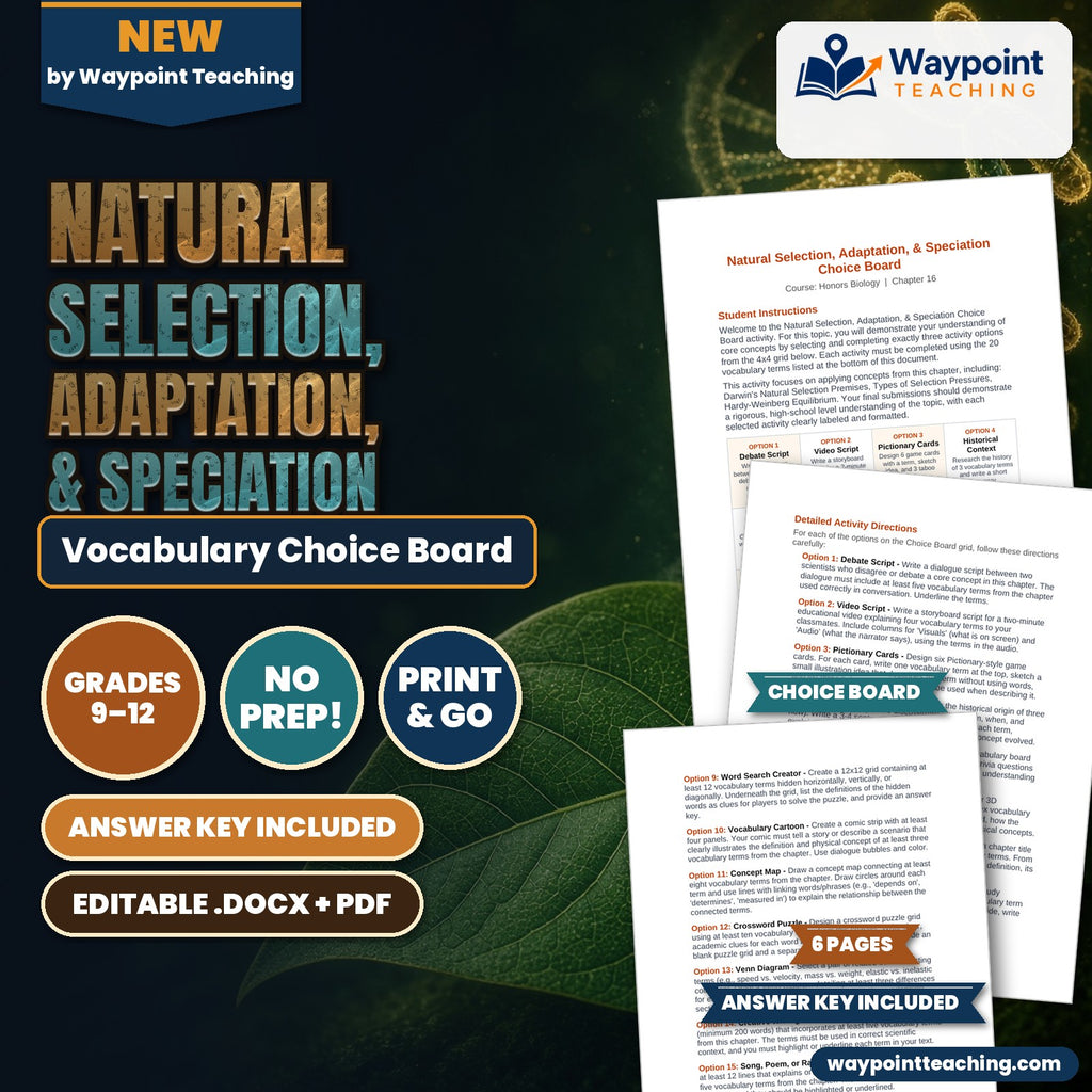 Natural Selection, Adaptation, & Speciation Vocabulary Choice Board cover