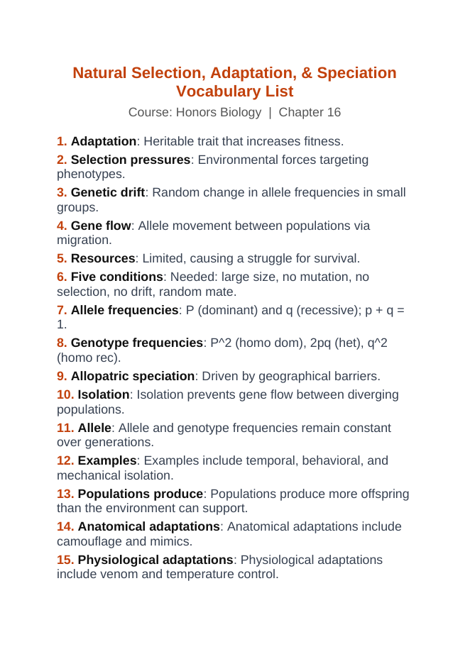 Natural Selection, Adaptation, & Speciation Vocabulary Words & Definitions sample page