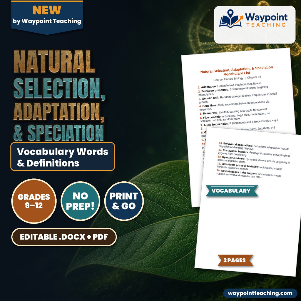 Natural Selection, Adaptation, & Speciation Vocabulary Words & Definitions cover
