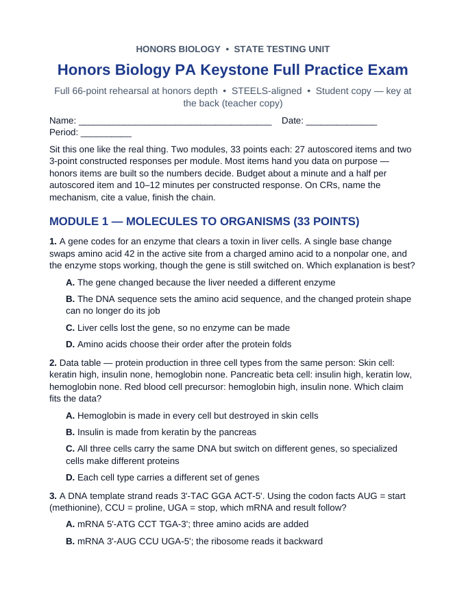 Pennsylvania Keystone Full Practice Exams & Retest Packs Practice Exam sample page