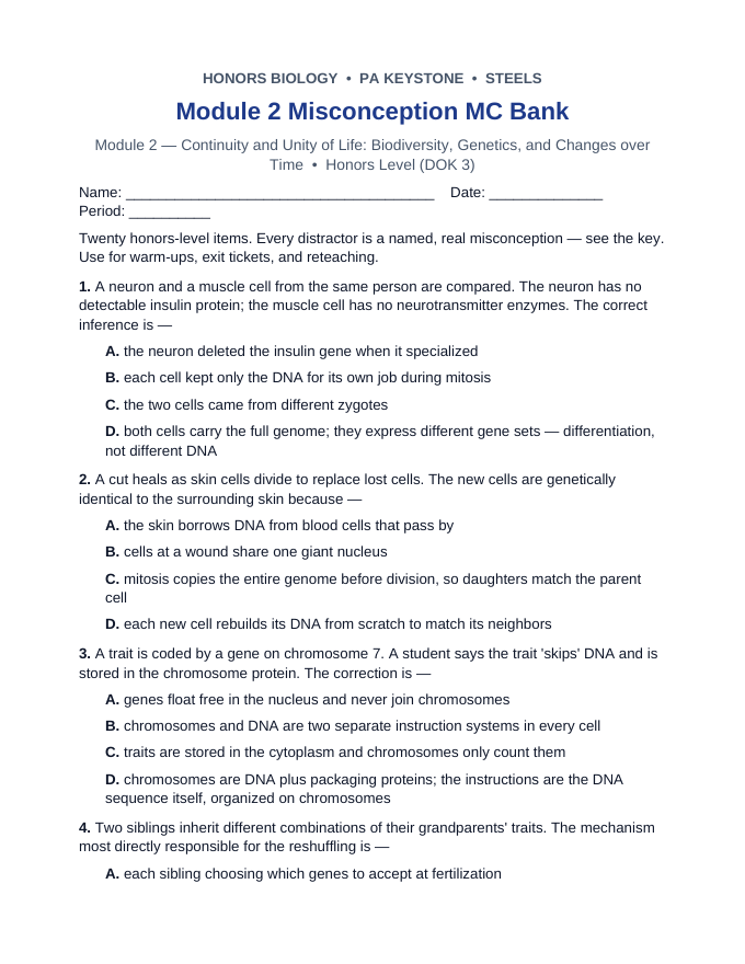 Pennsylvania Keystone Module 2: Continuity and Unity of Life Misconception MC Bank sample page