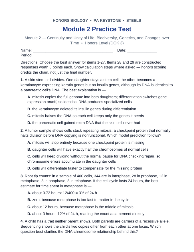 Pennsylvania Keystone Module 2: Continuity and Unity of Life Module Practice Test sample page