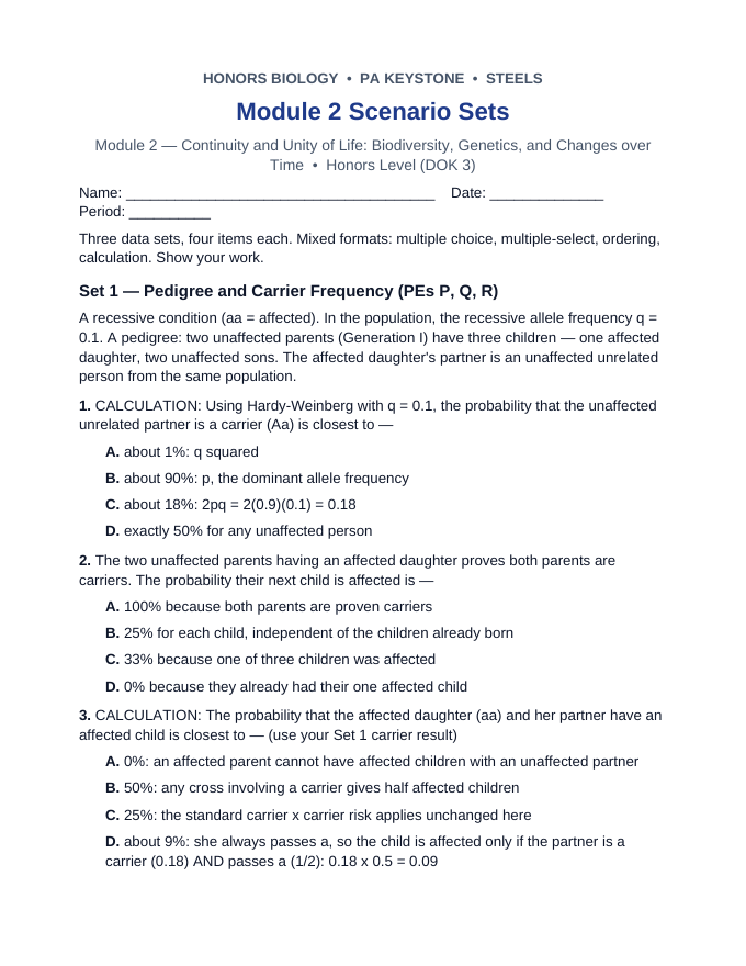 Pennsylvania Keystone Module 2: Continuity and Unity of Life Scenario Practice Set sample page