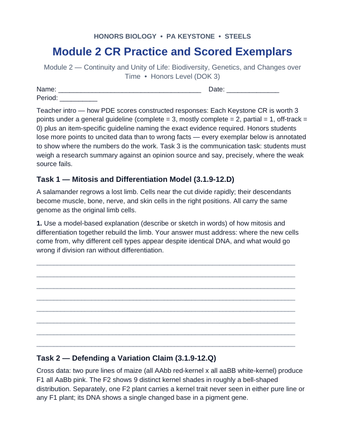 Pennsylvania Keystone Module 2: Continuity and Unity of Life Scored Exemplar Set sample page