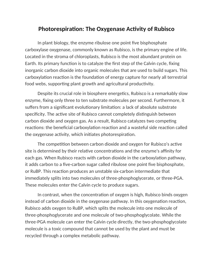 Photorespiration: The Oxygenase Activity of Rubisco Reading Worksheet sample page