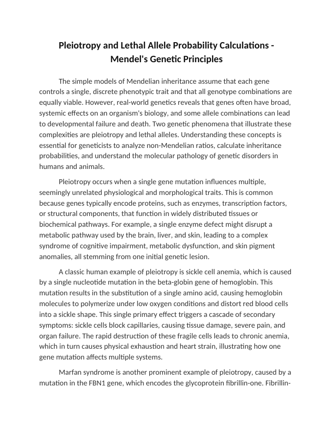 Pleiotropy and Lethal Allele Probability Calculations Reading Worksheet sample page