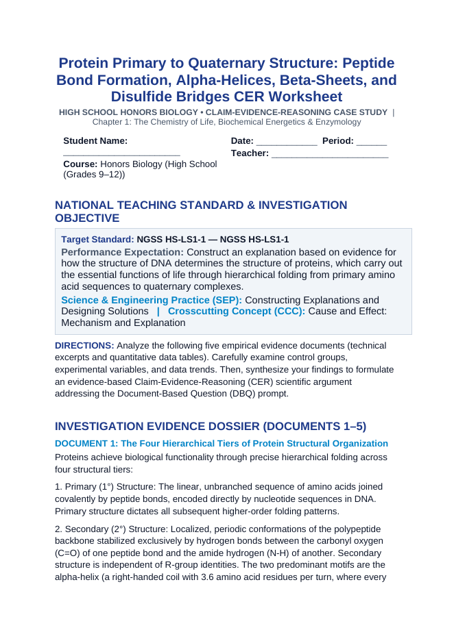 Protein Primary to Quaternary Structure: Peptide Bond Formation, Alpha-Helices, Beta-Sheets, and Disulfide Bridges CER Phenomena Worksheet sample page