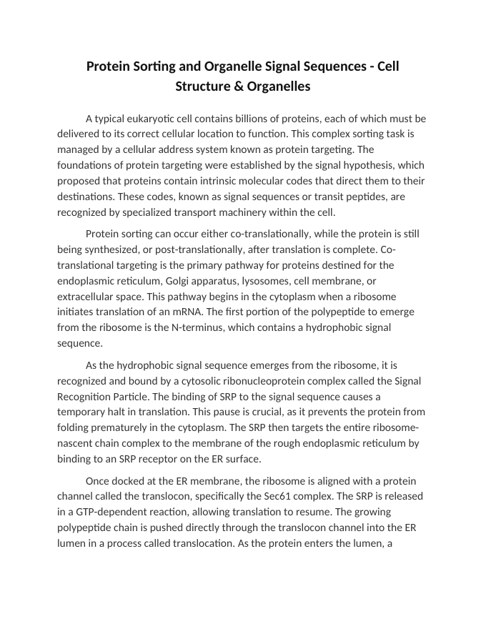 Protein Sorting and Organelle Signal Sequences Reading Worksheet sample page