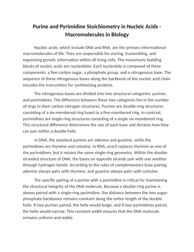 Purine and Pyrimidine Stoichiometry in Nucleic Acids Reading Worksheet sample page