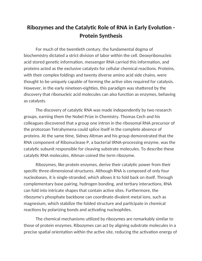 Ribozymes and the Catalytic Role of RNA in Early Evolution Reading Worksheet sample page
