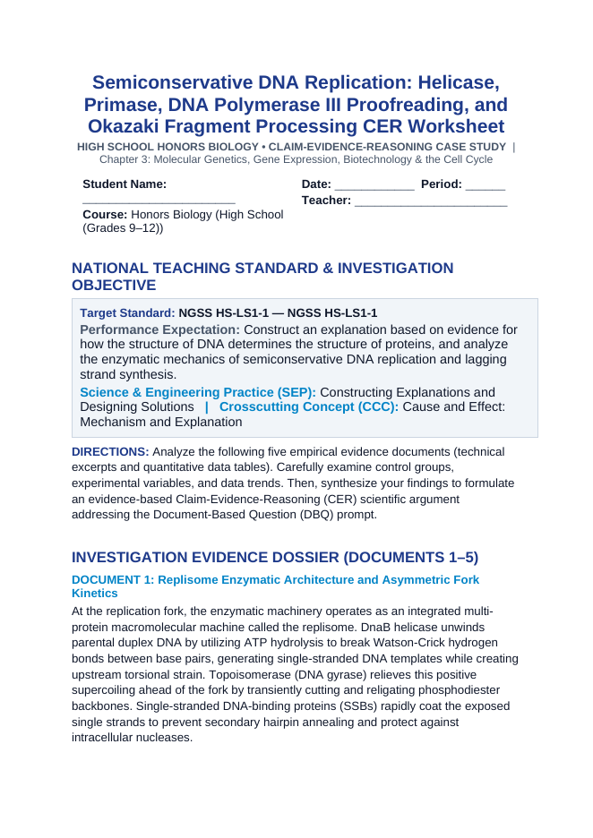 Semiconservative DNA Replication: Helicase, Primase, DNA Polymerase III Proofreading, and Okazaki Fragment Processing CER Phenomena Worksheet sample page