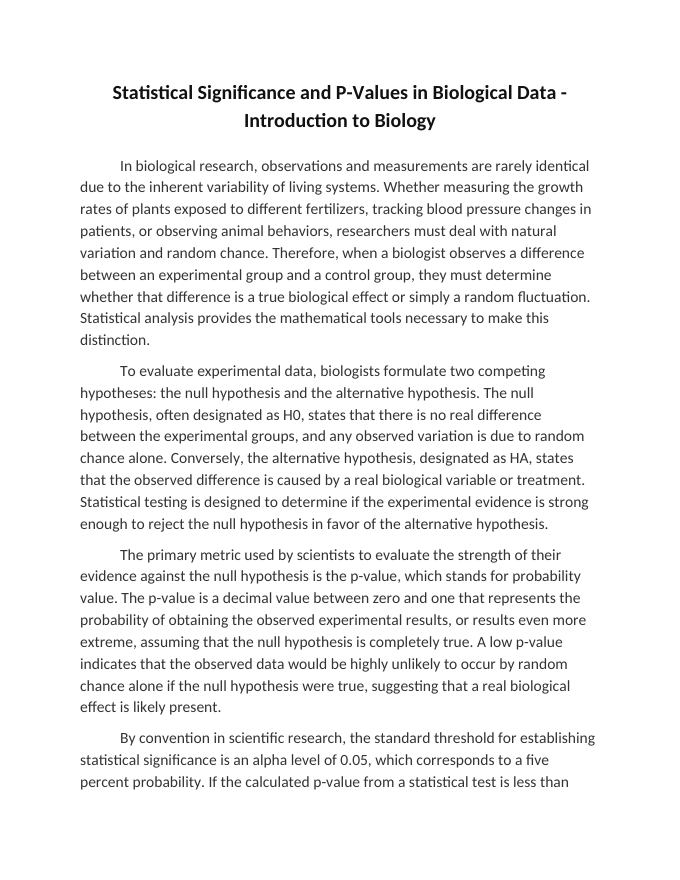 Statistical Significance and P-Values in Biological Data Reading Worksheet sample page