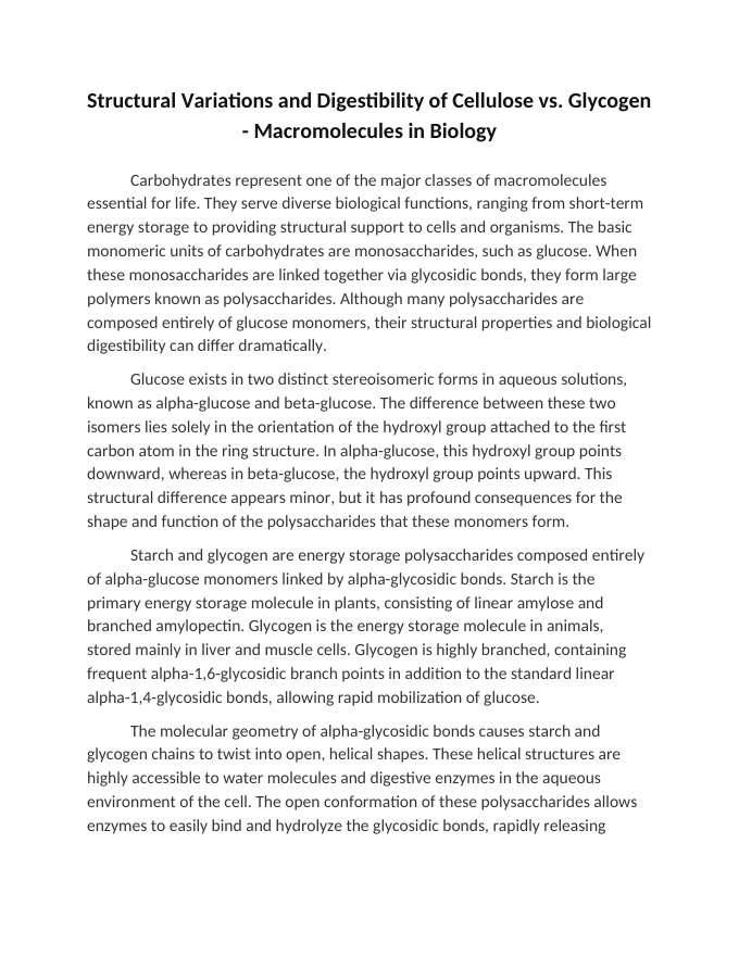 Structural Variations and Digestibility of Cellulose vs. Glycogen Reading Worksheet sample page