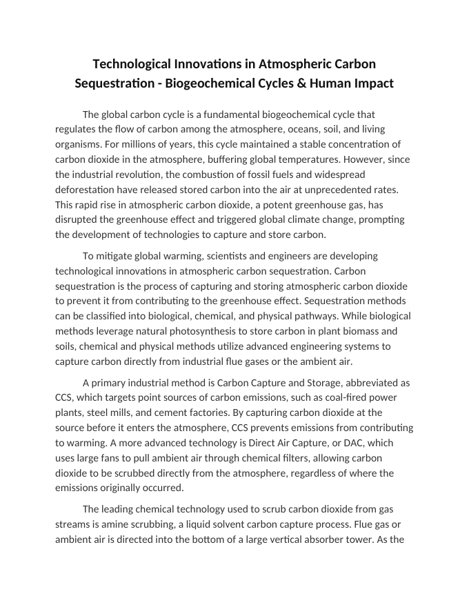Technological Innovations in Atmospheric Carbon Sequestration Reading Worksheet sample page
