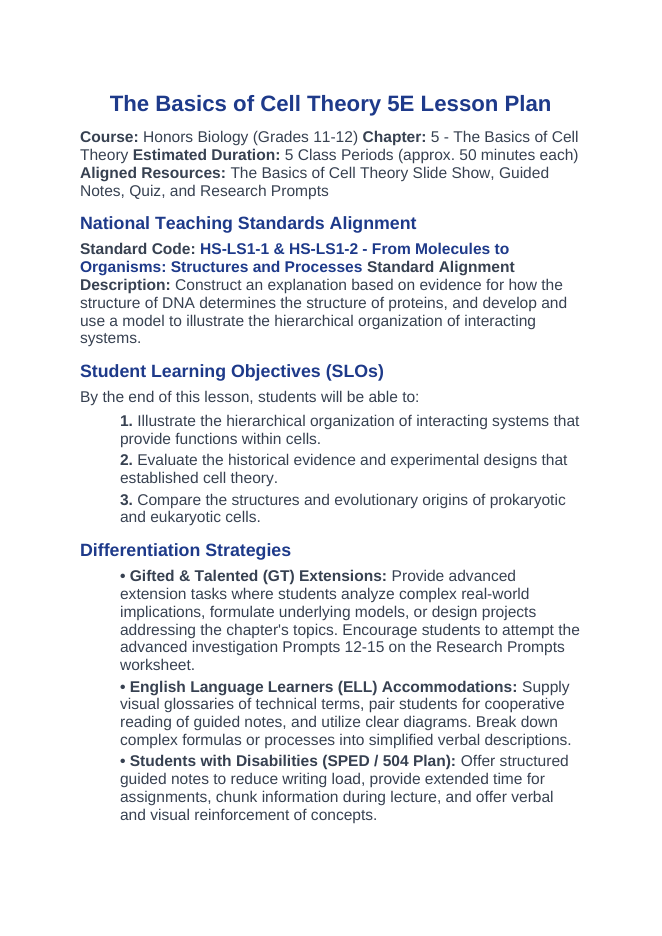 The Basics of Cell Theory 5E Lesson Plan sample page