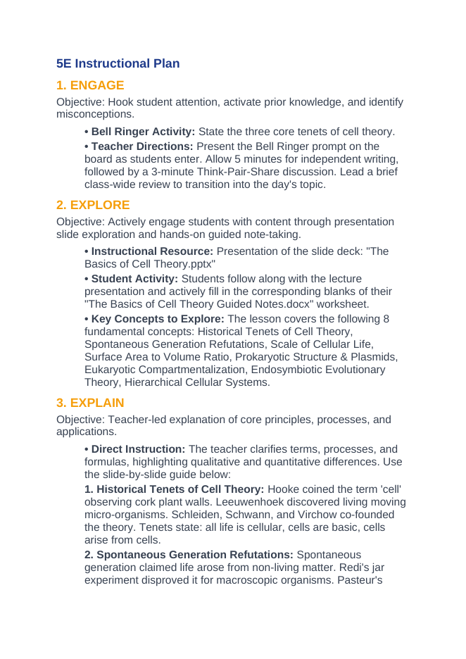 The Basics of Cell Theory 5E Lesson Plan sample page