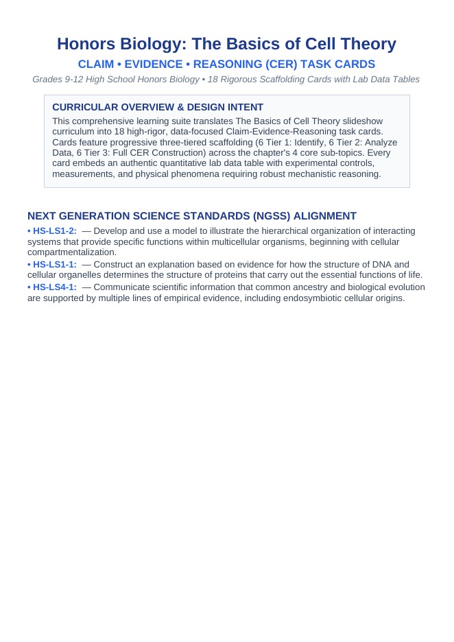 The Basics of Cell Theory CER Task Cards sample page