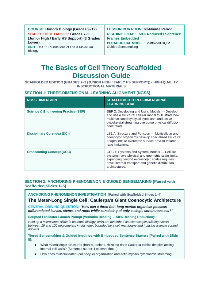 The Basics of Cell Theory Scaffolded Phenomena-Based Lesson: The Meter-Long Single Cell: Caulerpa's Giant Coenocytic Architecture Teacher Discussion Guide sample page