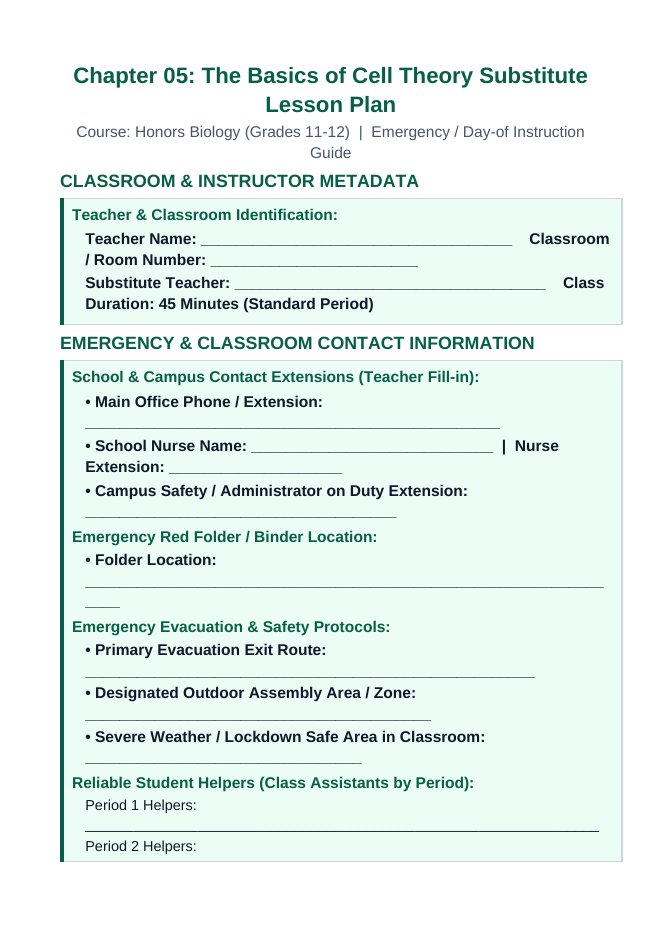 The Basics of Cell Theory Substitute Lesson Plan sample page