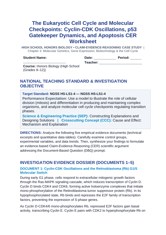 The Eukaryotic Cell Cycle and Molecular Checkpoints: Cyclin-CDK Oscillations, p53 Gatekeeper Dynamics, and Apoptosis CER Phenomena Worksheet sample page