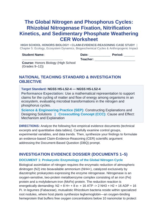 The Global Nitrogen and Phosphorus Cycles: Rhizobial Nitrogenase Fixation, Nitrification Kinetics, and Sedimentary Phosphate Weathering CER Phenomena Worksheet sample page