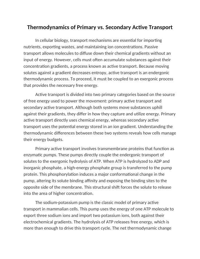 Thermodynamics of Primary vs Secondary Active Transport Reading Worksheet sample page