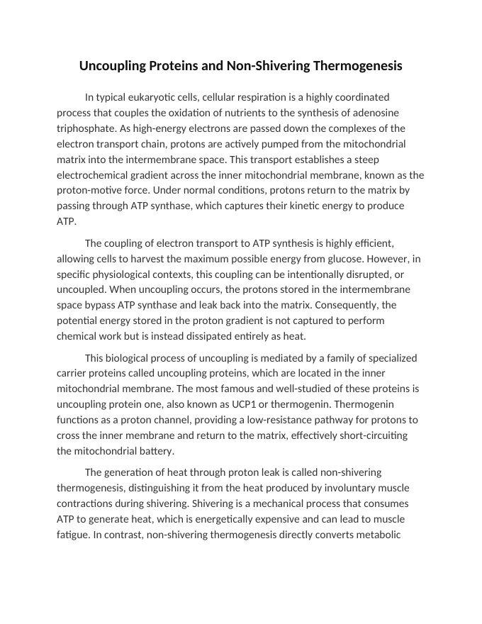 Uncoupling Proteins and Non-Shivering Thermogenesis Reading Worksheet sample page