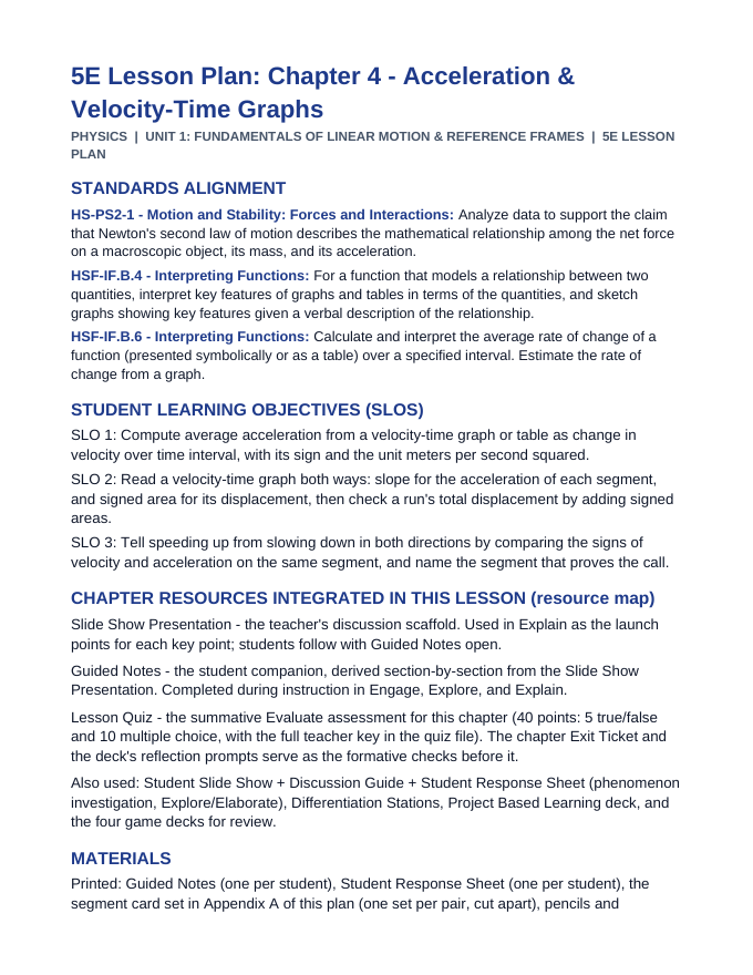 Acceleration & Velocity-Time Graphs 5E Lesson Plan sample page