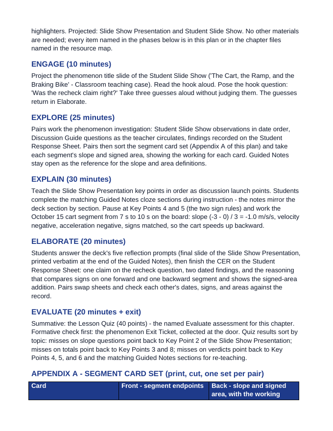Acceleration & Velocity-Time Graphs 5E Lesson Plan sample page