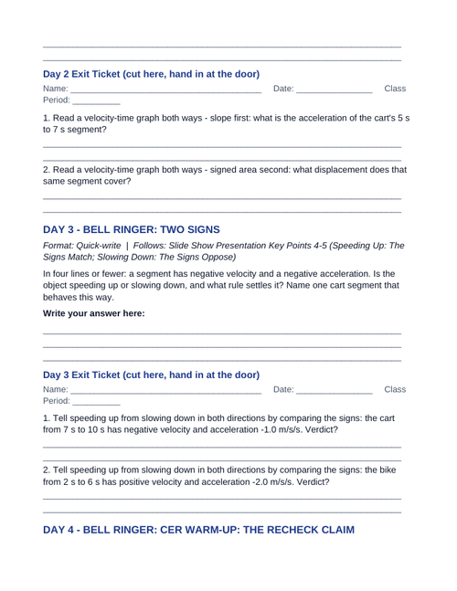 Acceleration & Velocity-Time Graphs Bell Ringers & Exit Tickets sample page