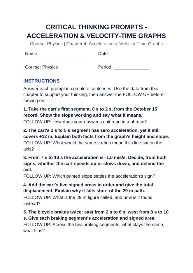 Acceleration & Velocity-Time Graphs Critical Thinking Prompts sample page