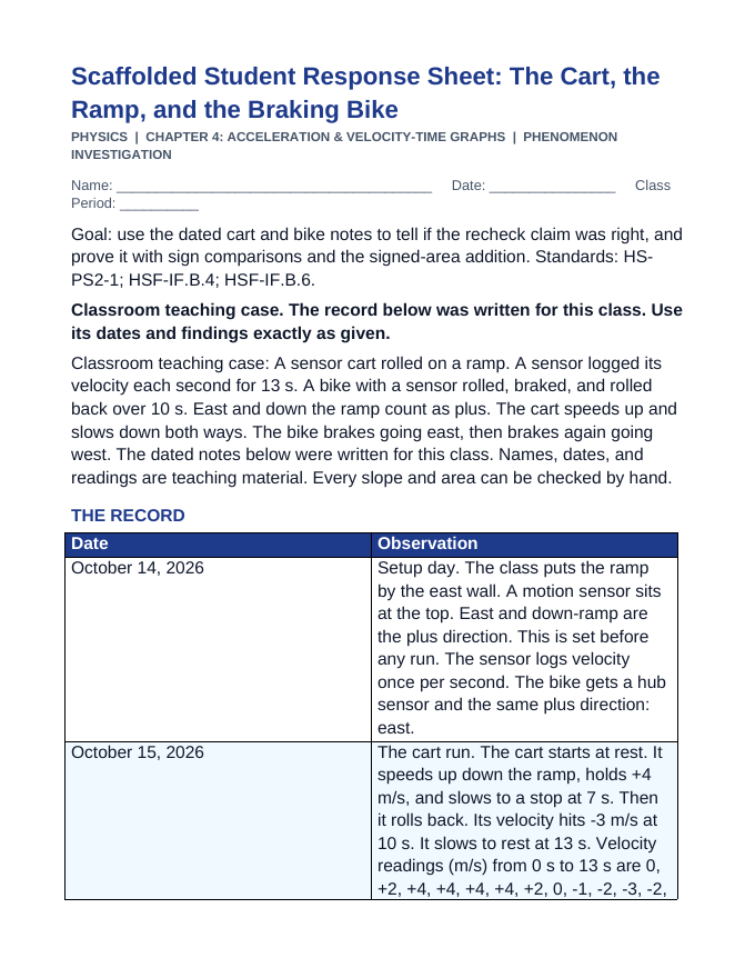 Acceleration & Velocity-Time Graphs Scaffolded Phenomena-Based Lesson: The Cart, the Ramp, and the Braking Bike Student Response Sheet sample page