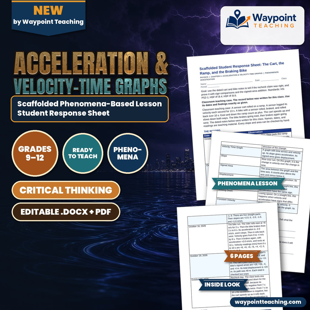 Acceleration & Velocity-Time Graphs Scaffolded Phenomena-Based Lesson: The Cart, the Ramp, and the Braking Bike Student Response Sheet cover