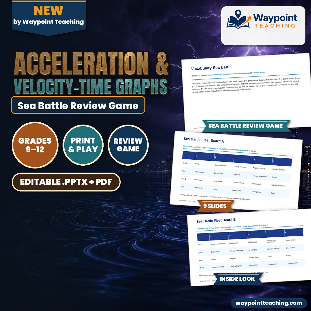 Acceleration & Velocity-Time Graphs Sea Battle Review Game cover