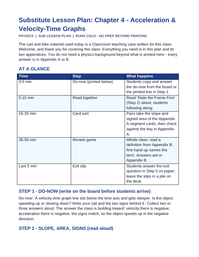 Acceleration & Velocity-Time Graphs Substitute Lesson Plan sample page
