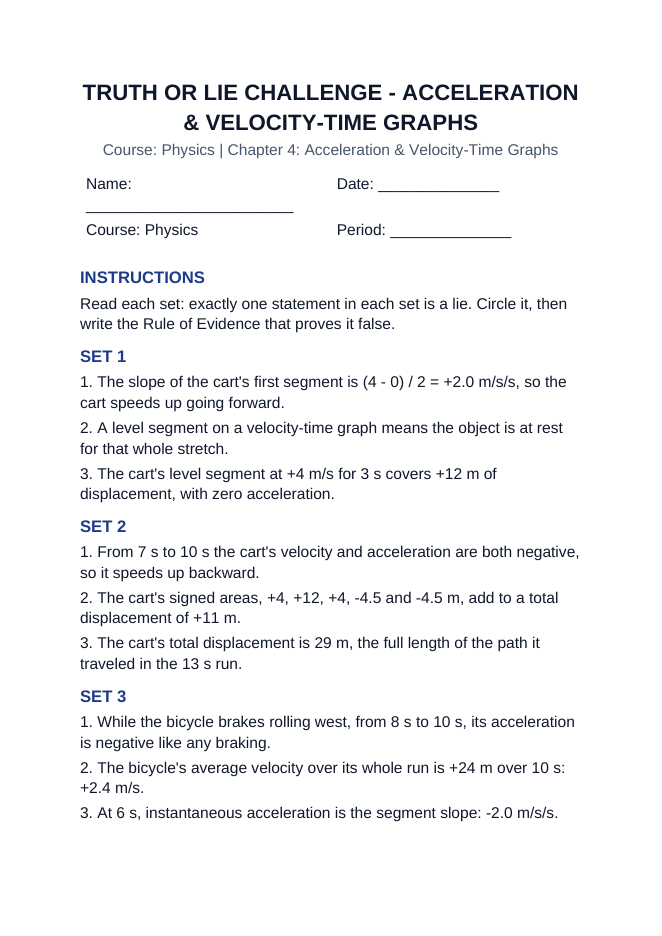 Acceleration & Velocity-Time Graphs Truth or Lie Challenge sample page