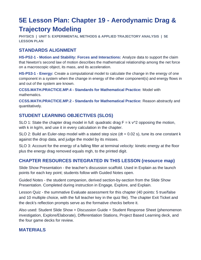 Aerodynamic Drag & Trajectory Modeling 5E Lesson Plan sample page