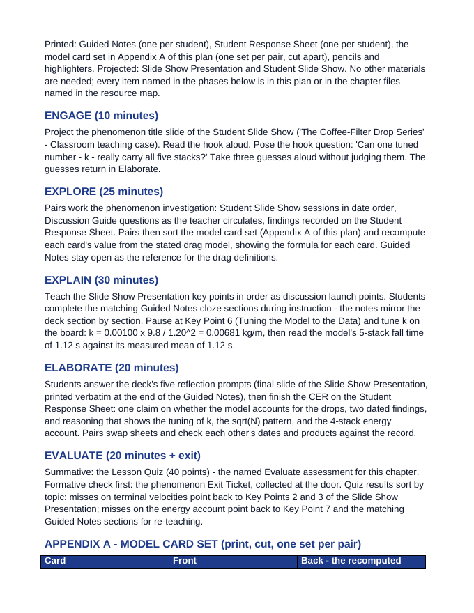 Aerodynamic Drag & Trajectory Modeling 5E Lesson Plan sample page