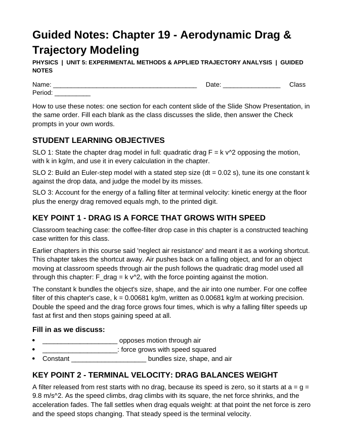 Aerodynamic Drag & Trajectory Modeling Guided Notes sample page