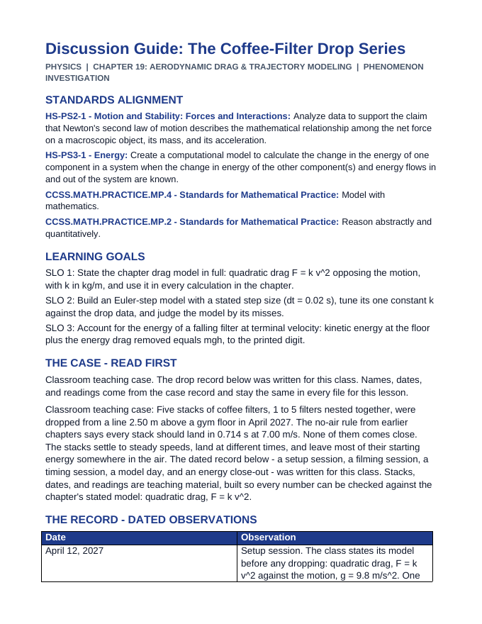 Aerodynamic Drag & Trajectory Modeling Phenomena-Based Lesson: The Coffee-Filter Drop Series Teacher Discussion Guide sample page
