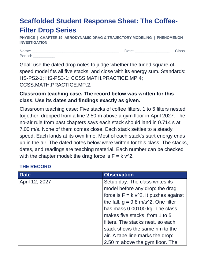 Aerodynamic Drag & Trajectory Modeling Scaffolded Phenomena-Based Lesson: The Coffee-Filter Drop Series Student Response Sheet sample page