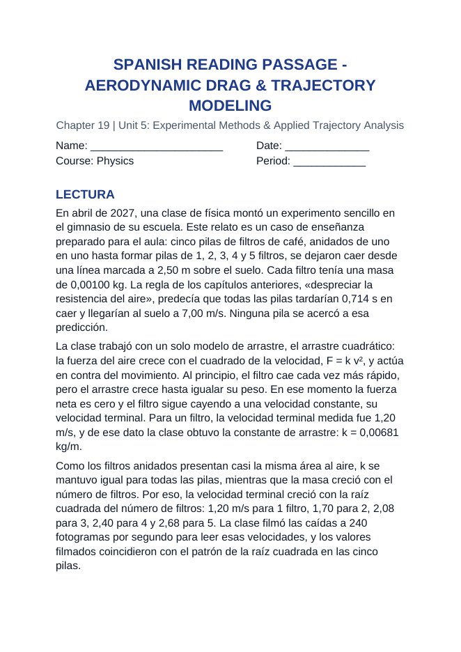Aerodynamic Drag & Trajectory Modeling Spanish Reading Passage & Comprehension Questions sample page
