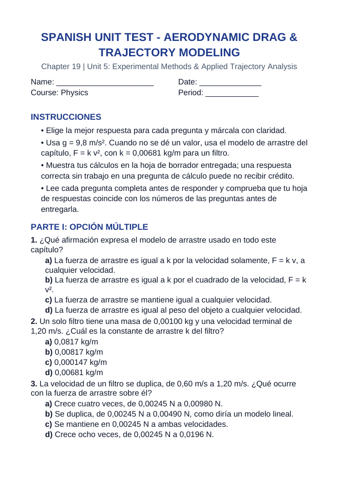 Aerodynamic Drag & Trajectory Modeling Spanish Unit Test sample page