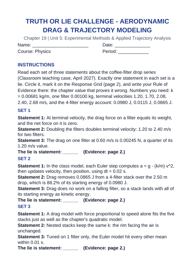 Aerodynamic Drag & Trajectory Modeling Truth or Lie Challenge sample page