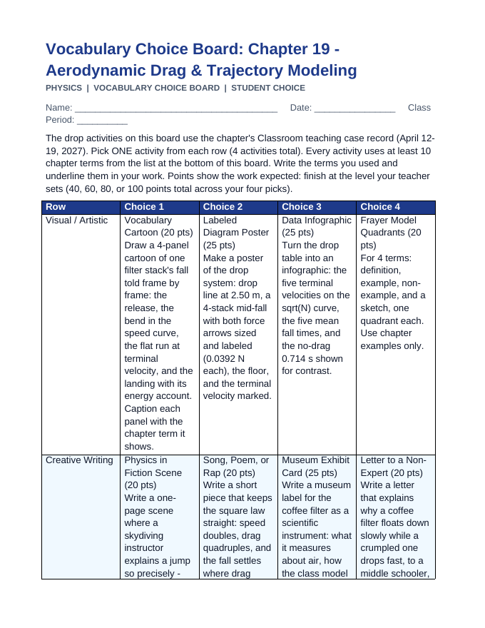Aerodynamic Drag & Trajectory Modeling Vocabulary Choice Board sample page