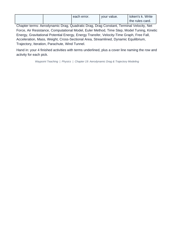 Aerodynamic Drag & Trajectory Modeling Vocabulary Choice Board sample page