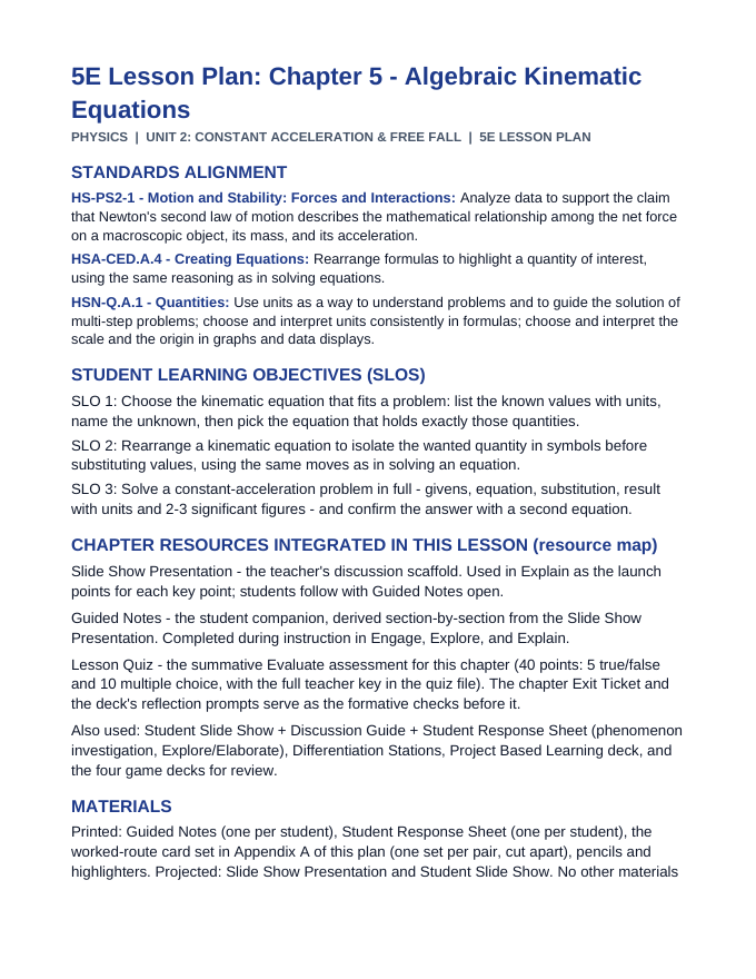 Algebraic Kinematic Equations 5E Lesson Plan sample page