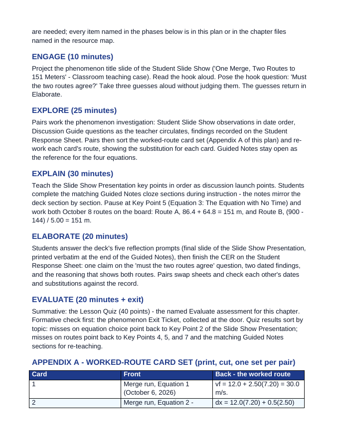 Algebraic Kinematic Equations 5E Lesson Plan sample page
