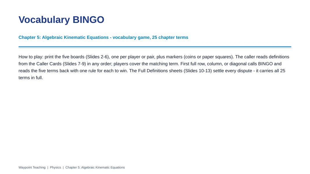 Algebraic Kinematic Equations BINGO Review Game sample page